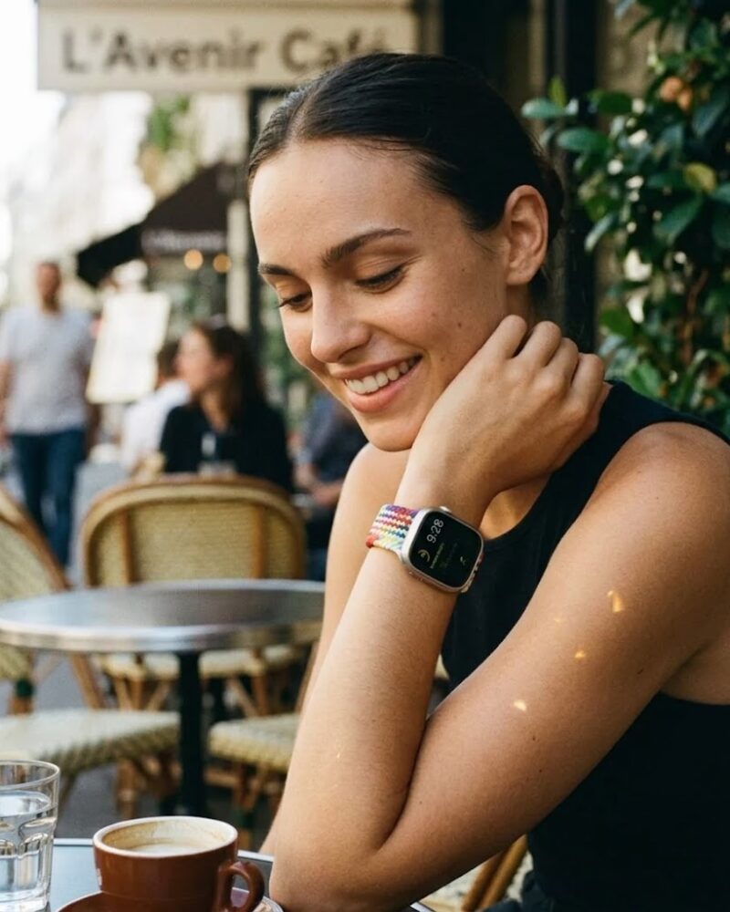 Woman wearing rainbow braided loop Apple Watch band at outdoor cafe