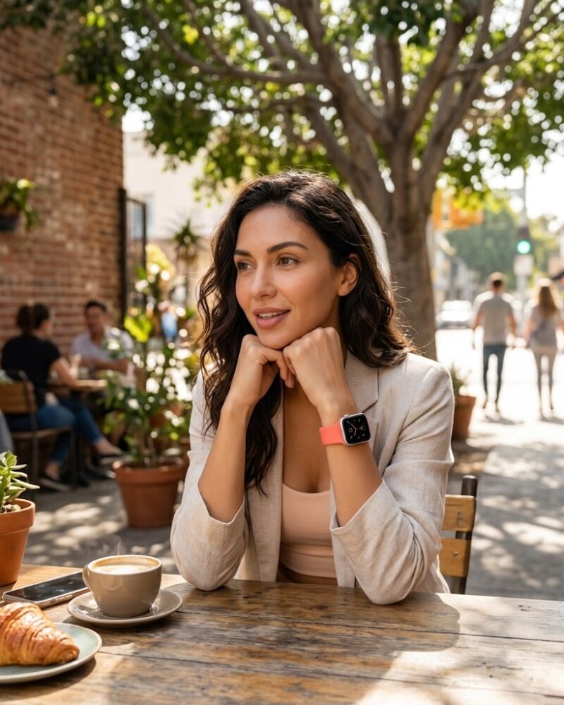 Woman wearing apricot sport band Apple Watch at outdoor café table
