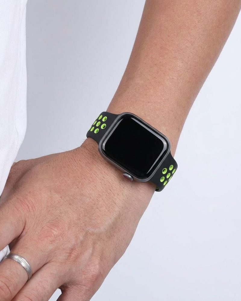 Apple Watch sport band black with neon lime green perforated holes