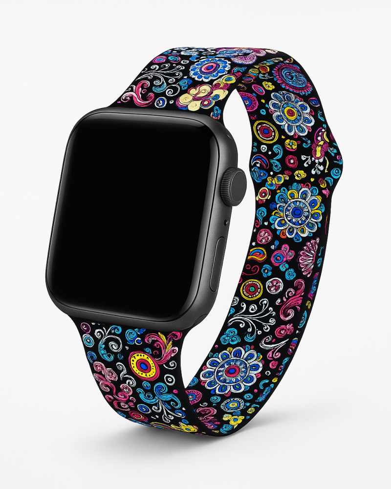 Apple Watch with colorful paisley floral sport band on black case