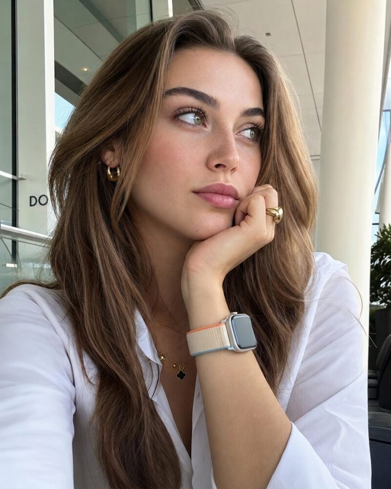 Woman wearing cream sport loop Apple Watch band on wrist