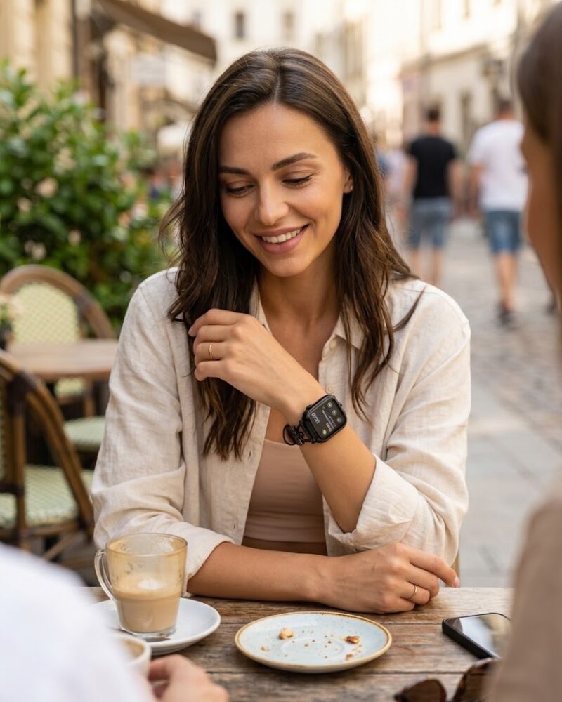 Woman wearing black leather Apple Watch band at outdoor café table