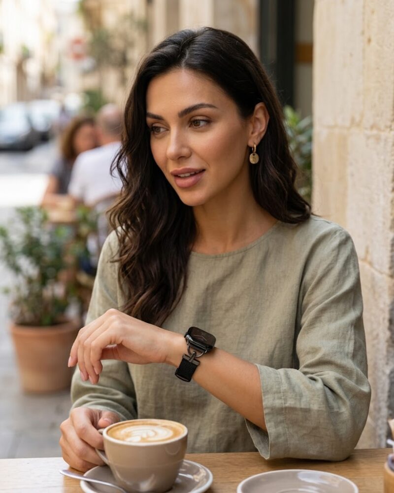 Woman wearing black leather Apple Watch band while drinking coffee outdoors