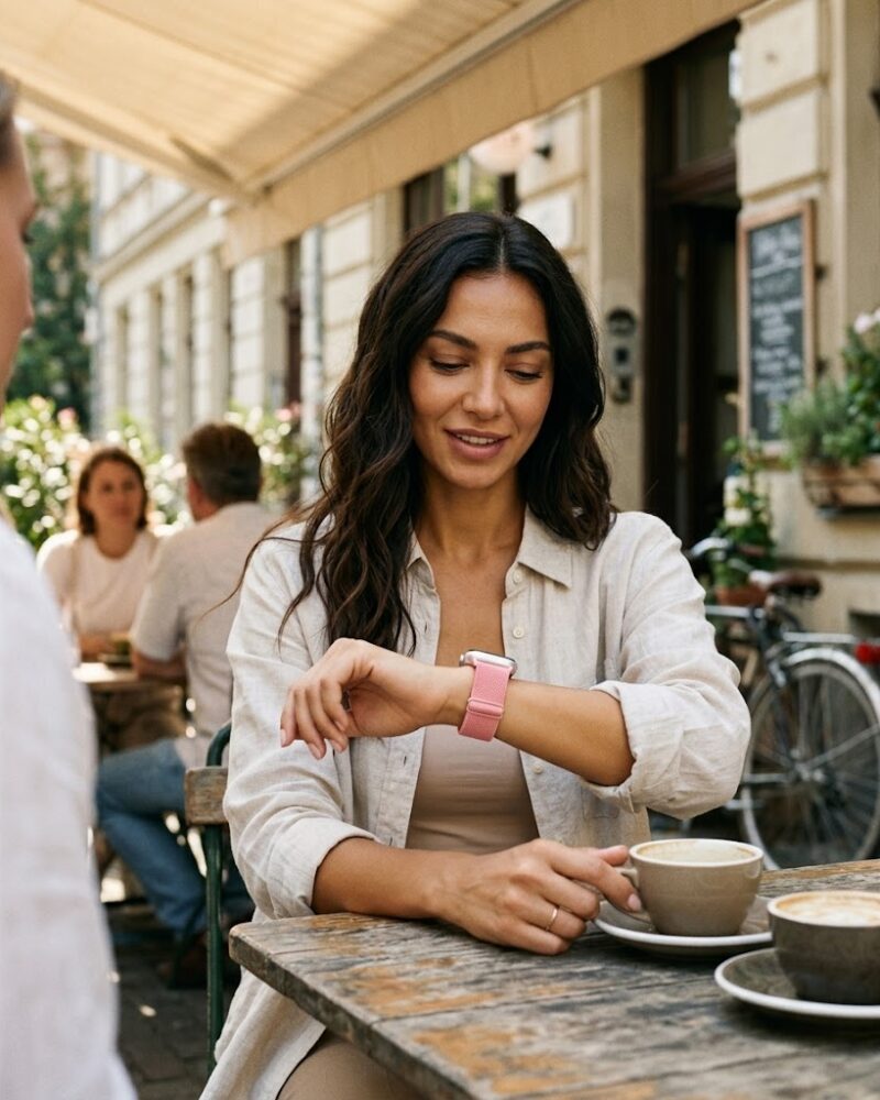 Woman wearing deep pink elastic loop Apple Watch band at outdoor cafe