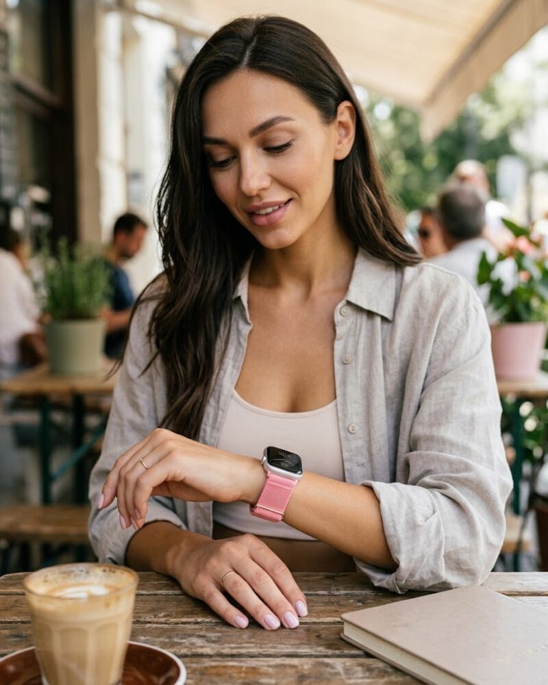 Woman wearing pink elastic loop Apple Watch band at outdoor cafe table
