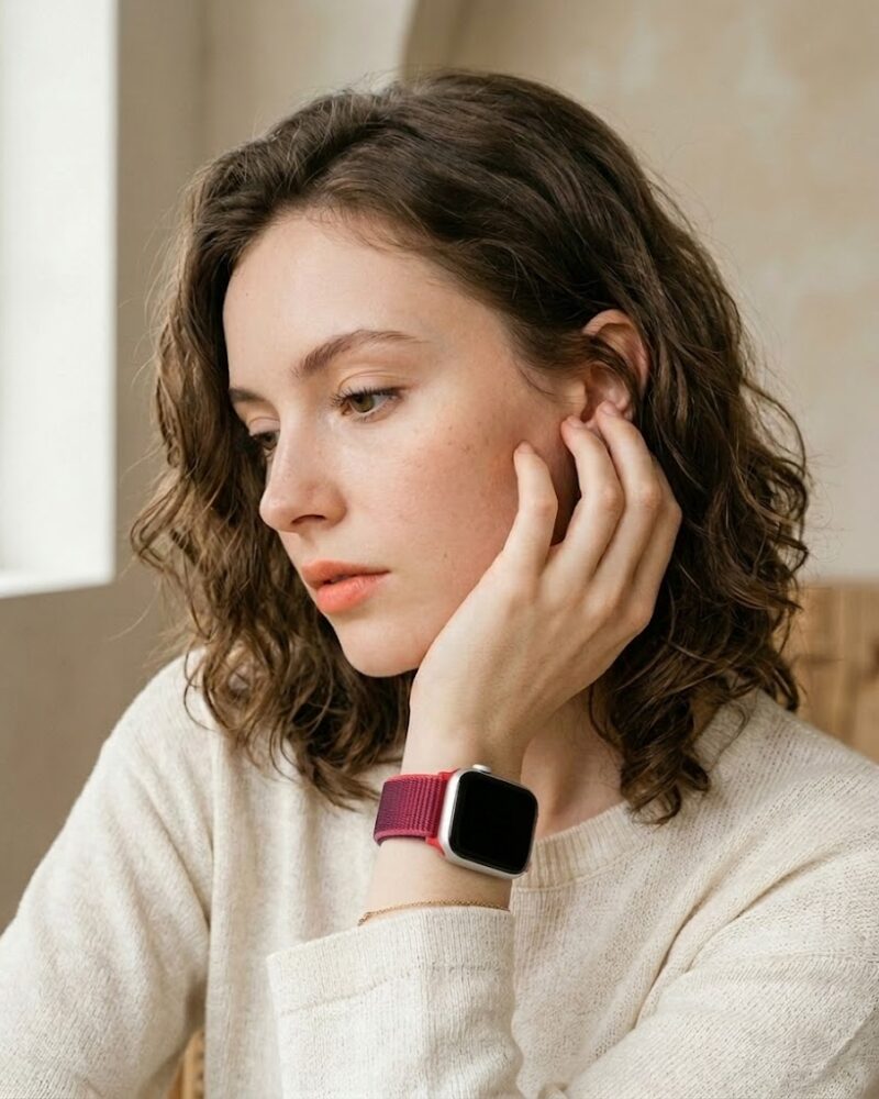 Woman wearing burgundy sport loop Apple Watch band on wrist