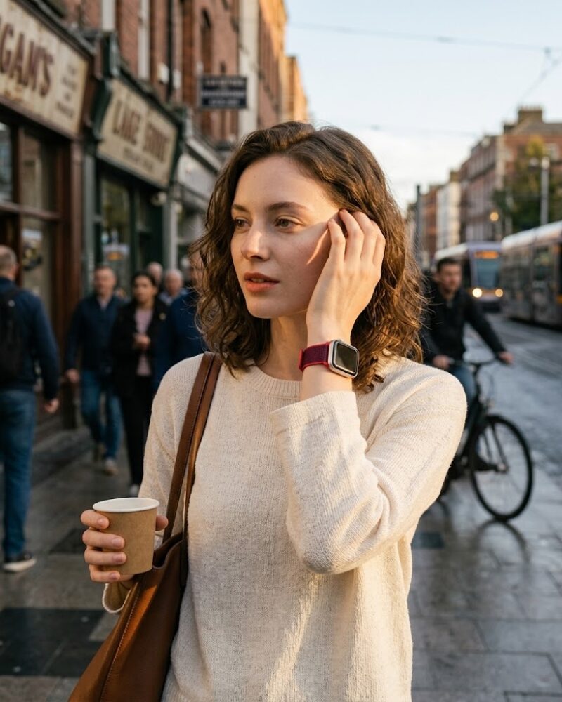 Woman wearing expedition red sport loop apple watch band on urban street