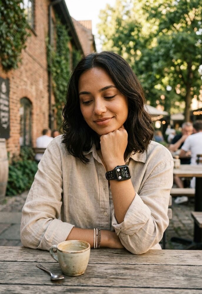 Woman wearing black studded leather Apple Watch band at outdoor café table