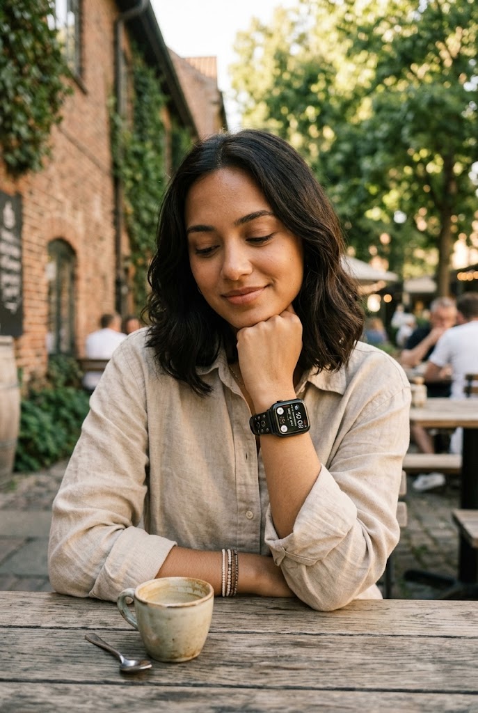 Woman wearing black studded leather Apple Watch band at outdoor café table