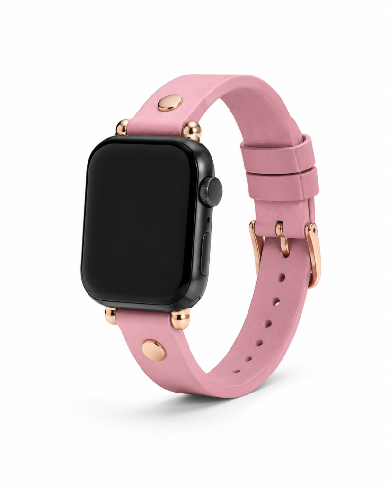 Pink leather Apple Watch band with rose gold studs and hardware