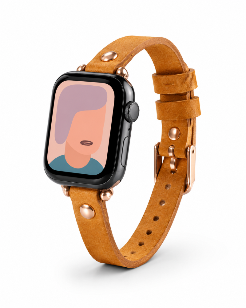 Smartwatch with black case and tan leather band with rose gold hardware details
