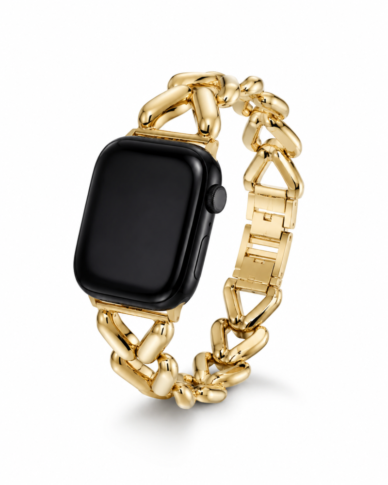 Gold herringbone stainless steel Apple Watch band with black smartwatch displayed on wrist.