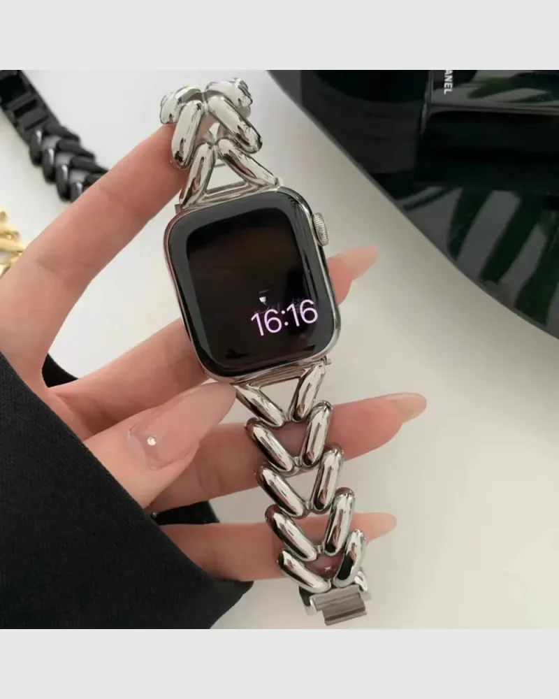 Herringbone Stainless Steel Apple Watch Band - Silver