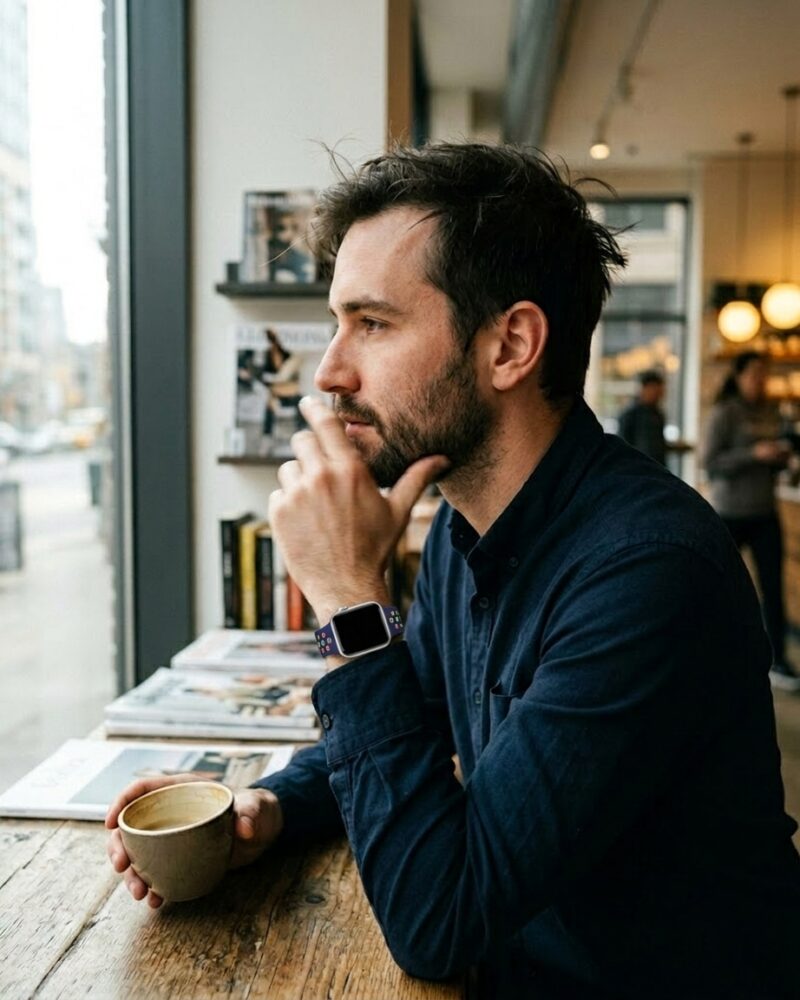 Man wearing midnight blue rainbow pride sport band active Apple Watch at cafe