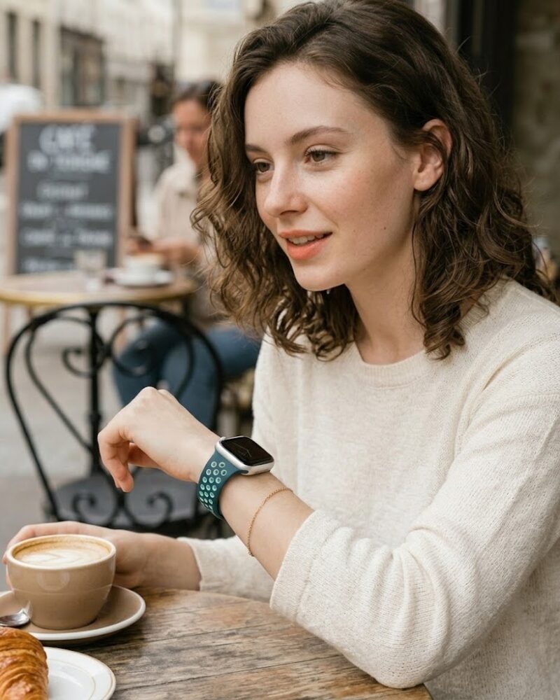 Woman wearing midnight turquoise sport band Apple Watch at outdoor café
