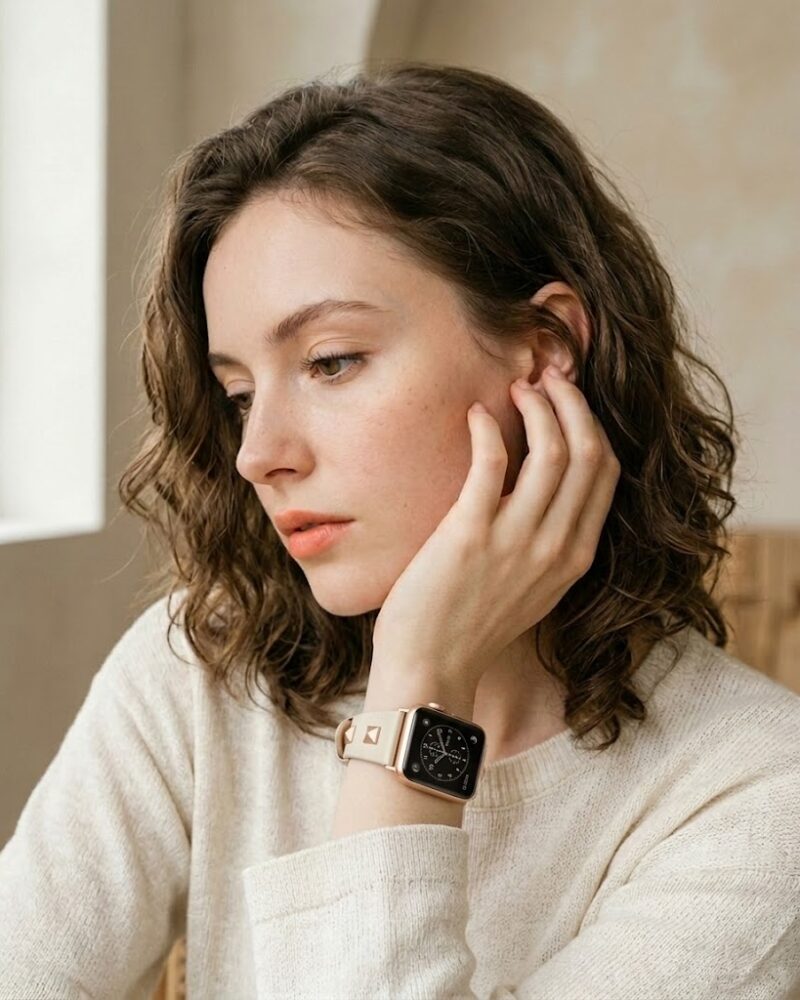 Woman wearing beige leather Apple Watch band with black smartwatch face