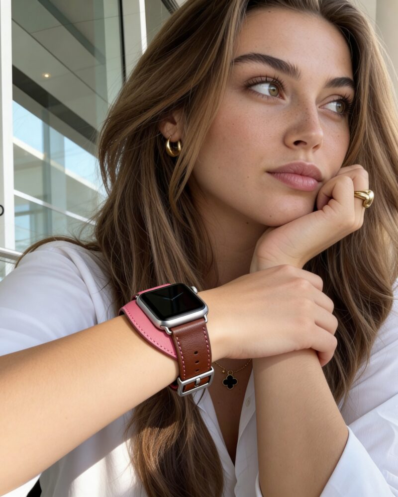 Woman wearing bordeaux leather double tour Apple Watch band with rose gold hardware