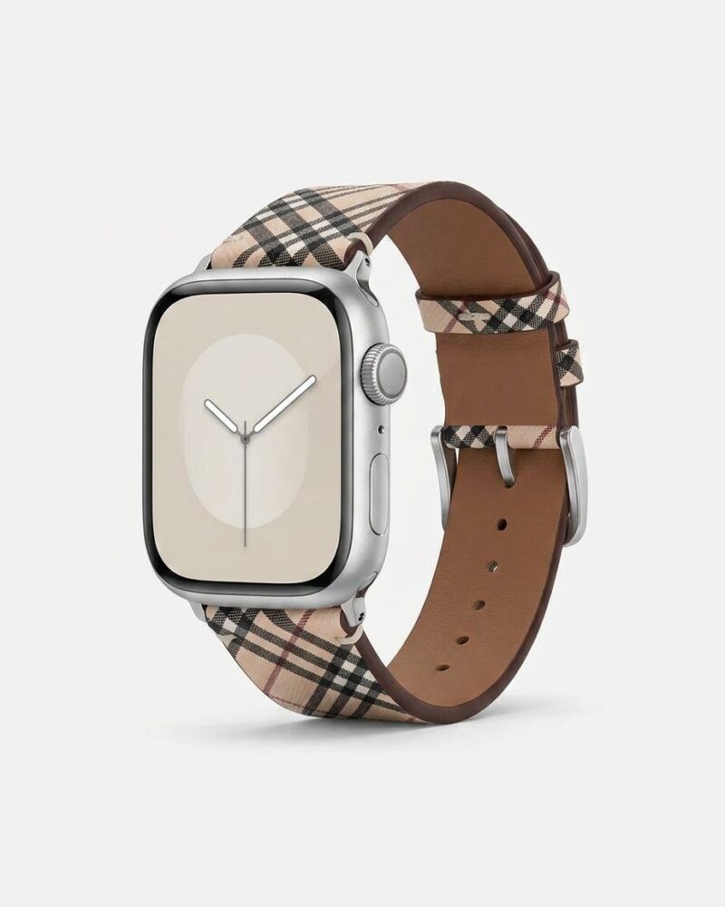 Apple Watch with Burberry plaid leather single tour band in brown