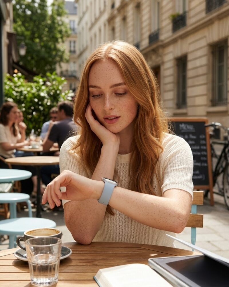 Woman wearing light blue sport band Apple Watch at outdoor cafe